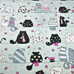 Baumwolle 100% verrückte Kätzchen in fuchsia Streifen auf grauem Hintergrund.  