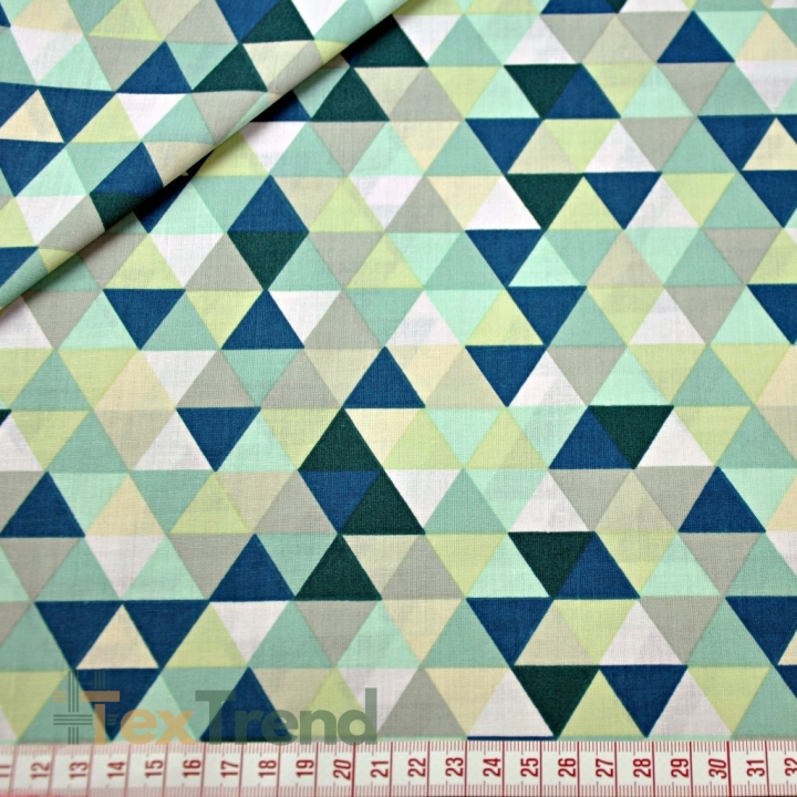 Baumwolle 100% kleine bunte Dreiecke grün-minze auf weißem Hintergrund.  