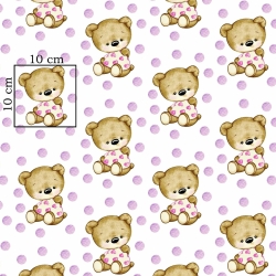 Baumwolle 100% Bären beige mit lila Erbsen auf weißem Hintergrund  