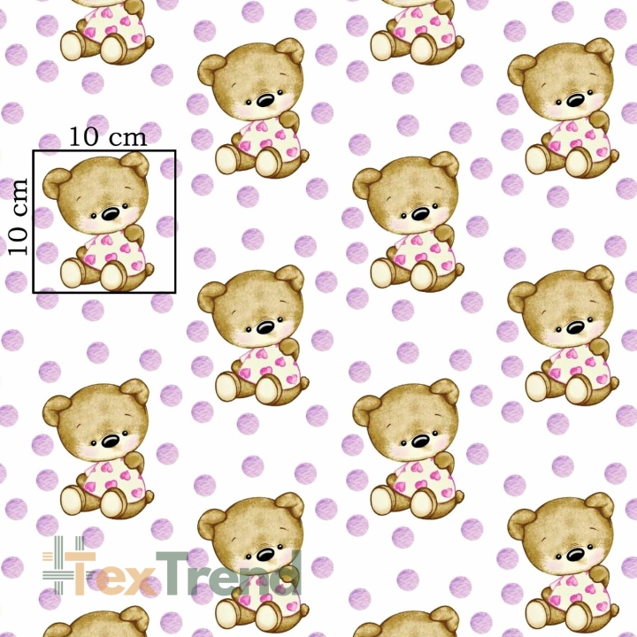 Baumwolle 100% Bären beige mit lila Erbsen auf weißem Hintergrund  