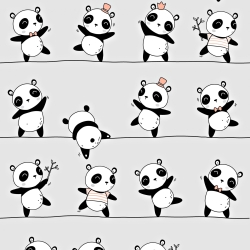 Baumwolle 100% tanzende Pandas auf grauem Hintergrund.  