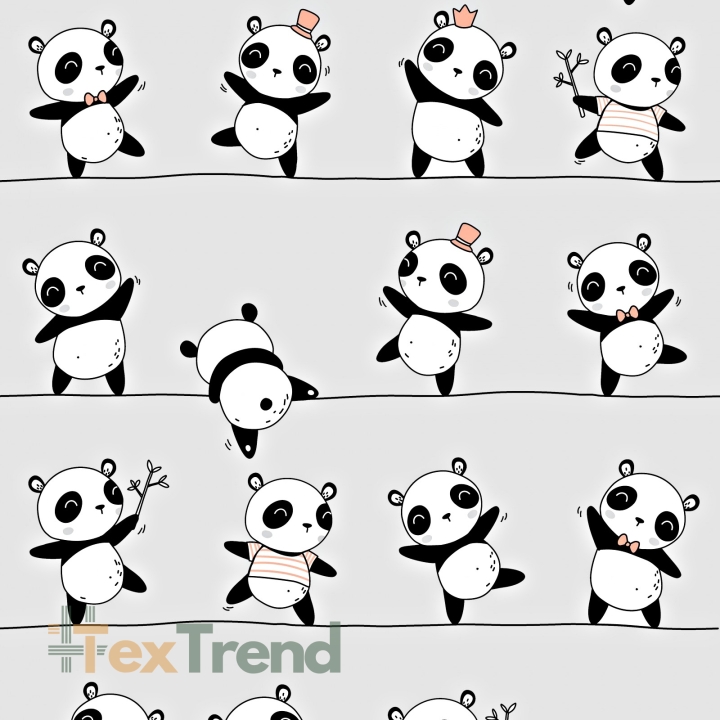 Baumwolle 100% tanzende Pandas auf grauem Hintergrund.  