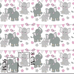 Baumwolle 100% Elefanten mit rosa Fähnchen auf weißem Hintergrund  