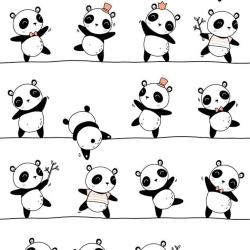 Baumwolle 100% tanzende Pandas auf weißem Hintergrund.  