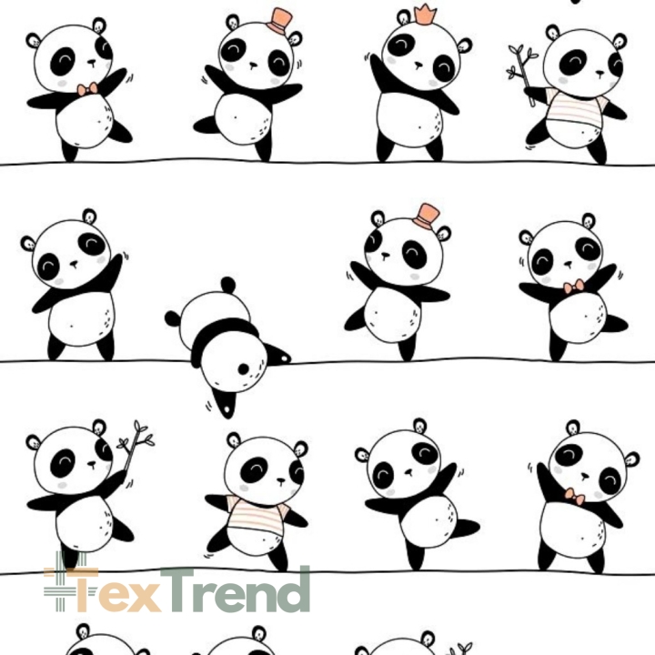 Baumwolle 100% tanzende Pandas auf weißem Hintergrund.  