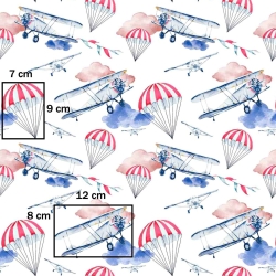 Baumwolle 100% Flugzeuge und Fallschirme auf weißem Hintergrund  