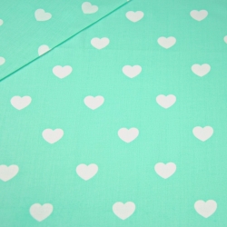 Baumwolle 100% Herzen 20 mm weiß auf mintfarbenem Hintergrund  