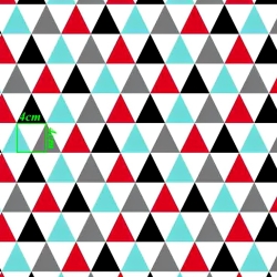 Baumwolle 100% große türkis-rote Dreiecke auf weißem Hintergrund.  