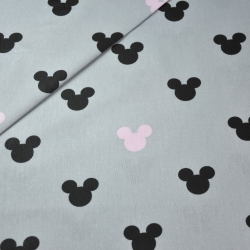 Baumwolle 100% MIKI schwarz-rosa auf grauem Hintergrund.  