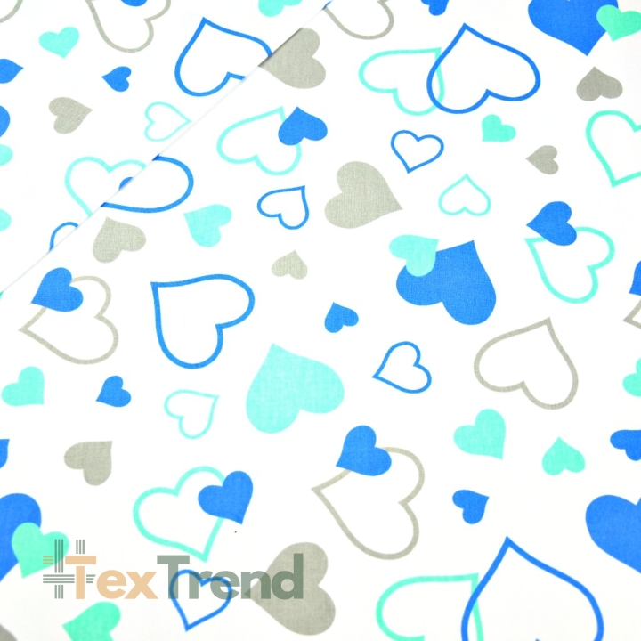 Baumwolle 100% Herzen LOVE blau-mint auf weißem Hintergrund  