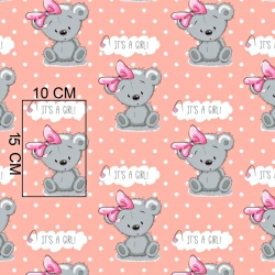 Baumwolle 100% Bären MÄDCHEN auf lachsfarbenem Hintergrund mit weißen Punkten  