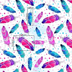 Baumwolle 100% blaue-rosa Federn mit Punkten auf weißem Hintergrund  