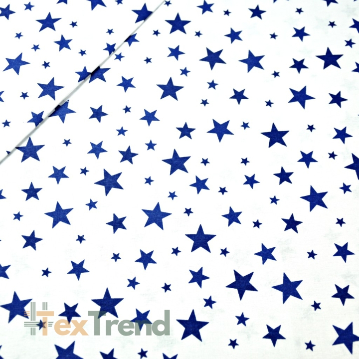 Baumwolle 100% neue kleine und große Sterne dunkelblau auf weißem Hintergrund  