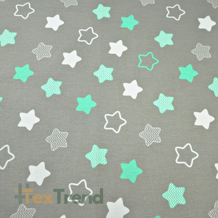 Baumwolle 100% Lebkuchensterne weiß-mint auf grauem Hintergrund  
