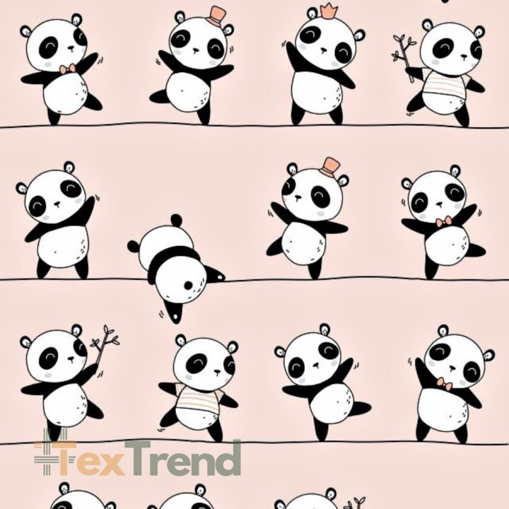 Baumwolle 100% tanzende Pandas auf rosa Hintergrund.  