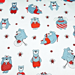 Baumwolle 100% Bären grau-rot auf weißem Hintergrund  