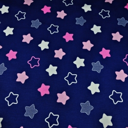 Baumwolle 100% Lebkuchensterne weiß-rosa auf dunkelblauem Hintergrund  