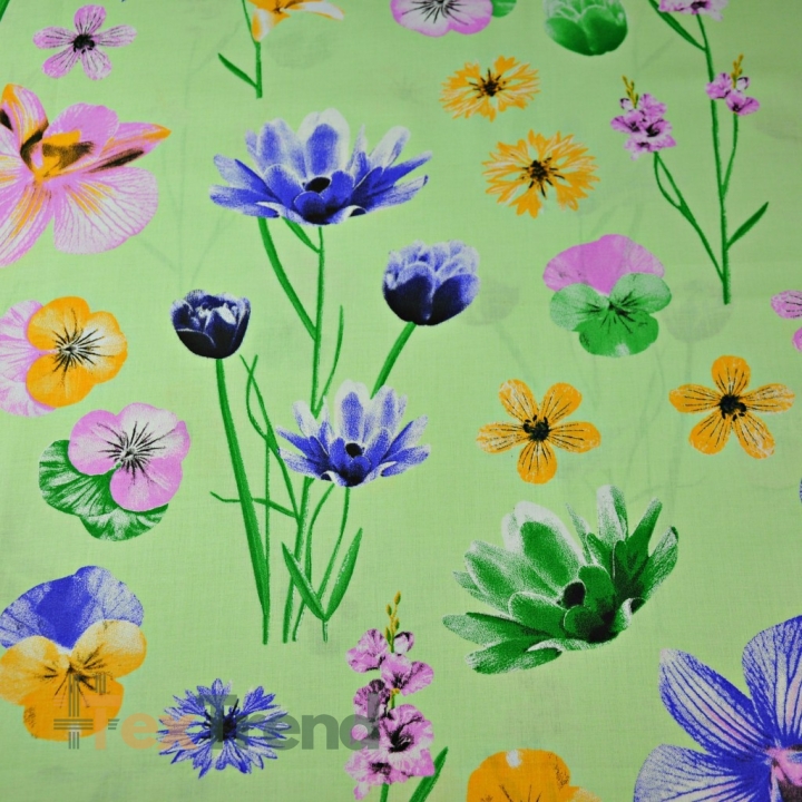 Baumwolle 100% Frühlingsblumen auf grünem Hintergrund  