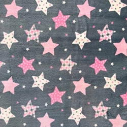 Fleece Plus gemusterte Sterne rosa-weiß auf grauem Hintergrund.  
