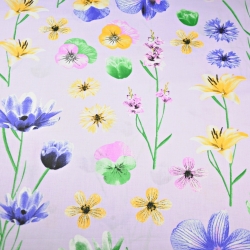 Baumwolle 100% Frühlingsblumen auf heidefarbenem Hintergrund  