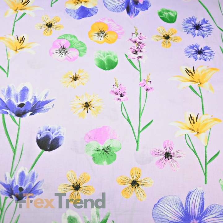 Baumwolle 100% Frühlingsblumen auf heidefarbenem Hintergrund  