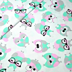 Baumwolle 100% Eulen grau-minze mit Brille auf weißem Hintergrund.  