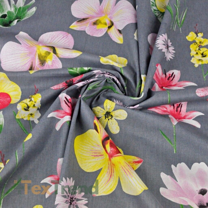 Baumwolle 100% Frühlingsblumen auf grauem Hintergrund  