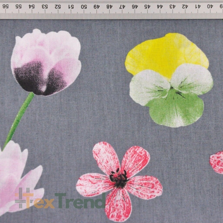 Baumwolle 100% Frühlingsblumen auf grauem Hintergrund  