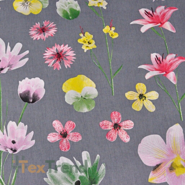 Baumwolle 100% Frühlingsblumen auf grauem Hintergrund  
