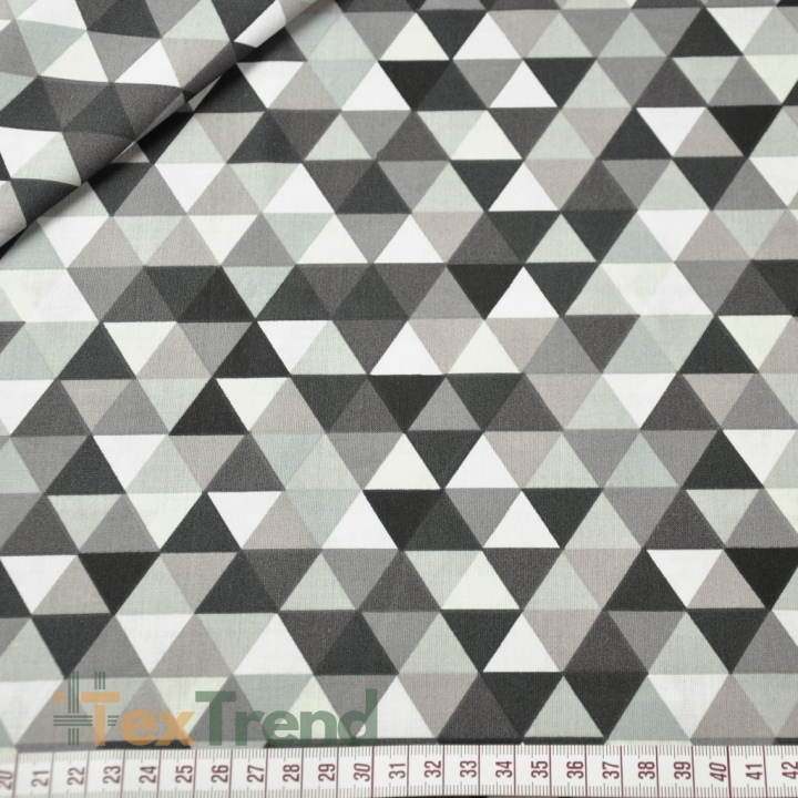 Baumwolle 100% kleine bunte Dreiecke grau-braun auf weißem Hintergrund.  