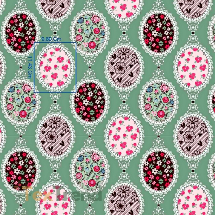 Baumwolle 100% Spiegel mit Blumen auf grau-grünem Hintergrund  