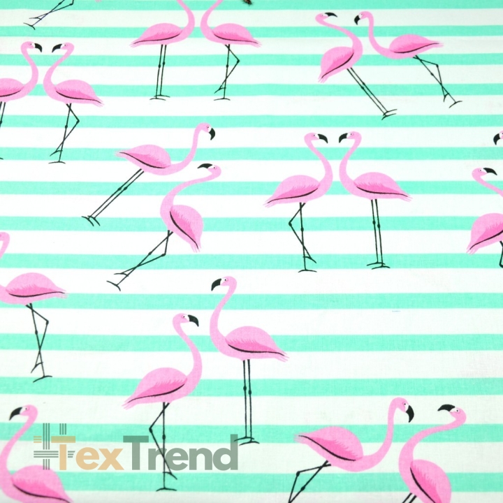 Baumwolle 100% Flamingos mit mintfarbenen Streifen auf weißem Hintergrund  