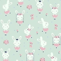 Baumwolle 100% Kaninchen auf Schaukeln auf grau-mintfarbenem Hintergrund  