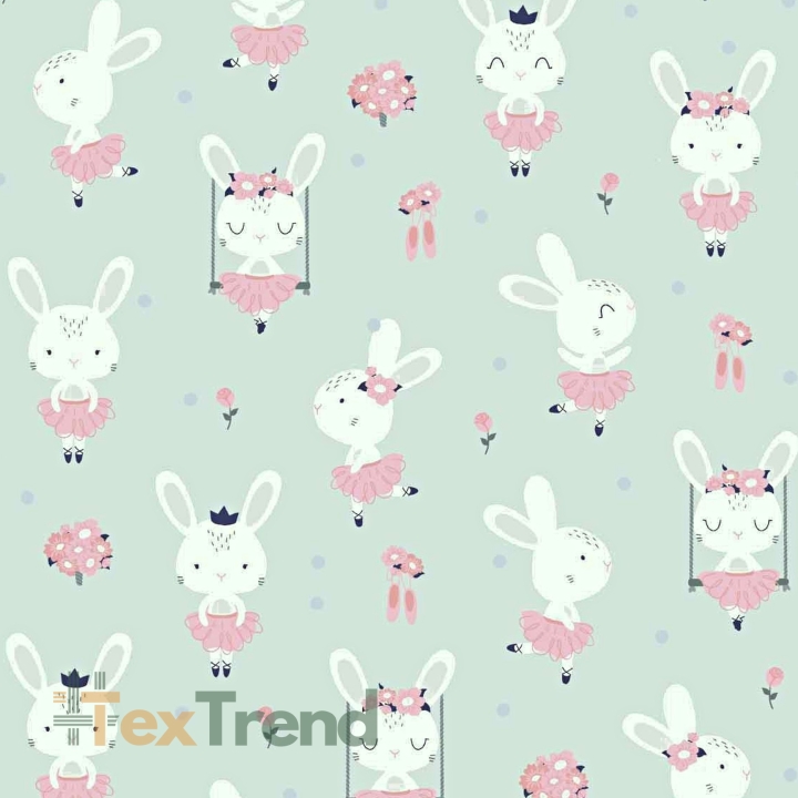 Baumwolle 100% Kaninchen auf Schaukeln auf grau-mintfarbenem Hintergrund  