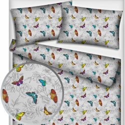 Baumwolle 100% bunte Schmetterlinge mit Blumen auf weißem Hintergrund  