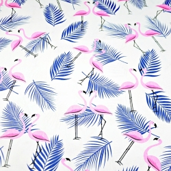Baumwolle 100% Flamingos mit Blättern rosa-dunkelblau auf weißem Hintergrund  