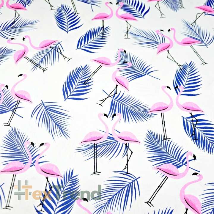 Baumwolle 100% Flamingos mit Blättern rosa-dunkelblau auf weißem Hintergrund  