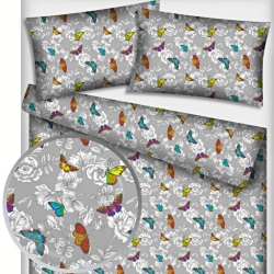 Baumwolle 100% bunte Schmetterlinge mit Blumen auf grauem Hintergrund  