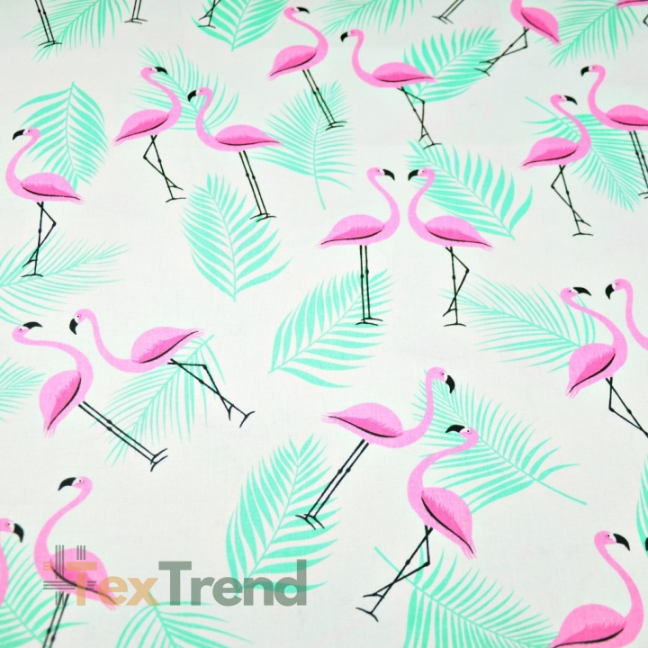 Baumwolle 100% Flamingos mit Blättern rosa-minze auf weißem Hintergrund  