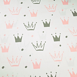 Baumwolle 100% Kronen mit Punkten grau-rosa auf weißem Hintergrund  