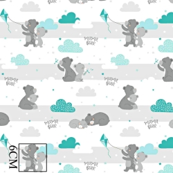 Baumwolle 100% Bären mit Drachen grau-mint auf weißem Hintergrund  