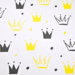 Baumwolle 100% Kronen mit Punkten schwarz-gelb auf weißem Hintergrund  