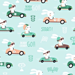 Baumwolle 100% Rennkaninchen auf mintfarbenem Hintergrund  