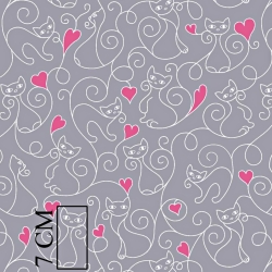 Baumwolle 100% Kätzchen mit rosa Herzen auf grauem Hintergrund  