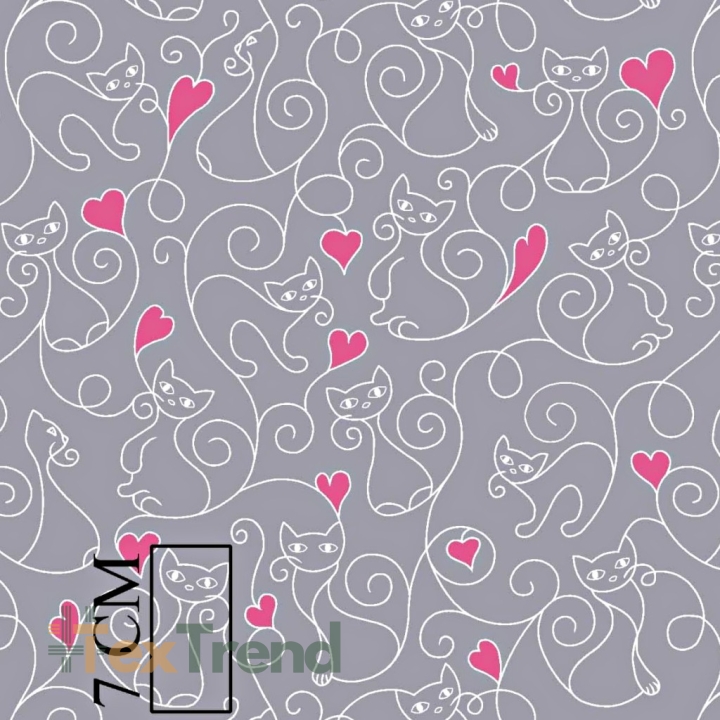 Baumwolle 100% Kätzchen mit rosa Herzen auf grauem Hintergrund  