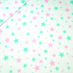 Baumwolle 100% neue kleine und große rosa-mintfarbene Sterne auf weißem Hintergrund  
