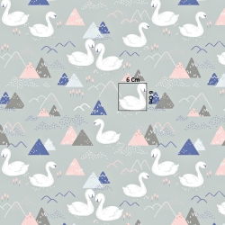Baumwolle 100% Schwäne und Berge auf grauem Hintergrund  