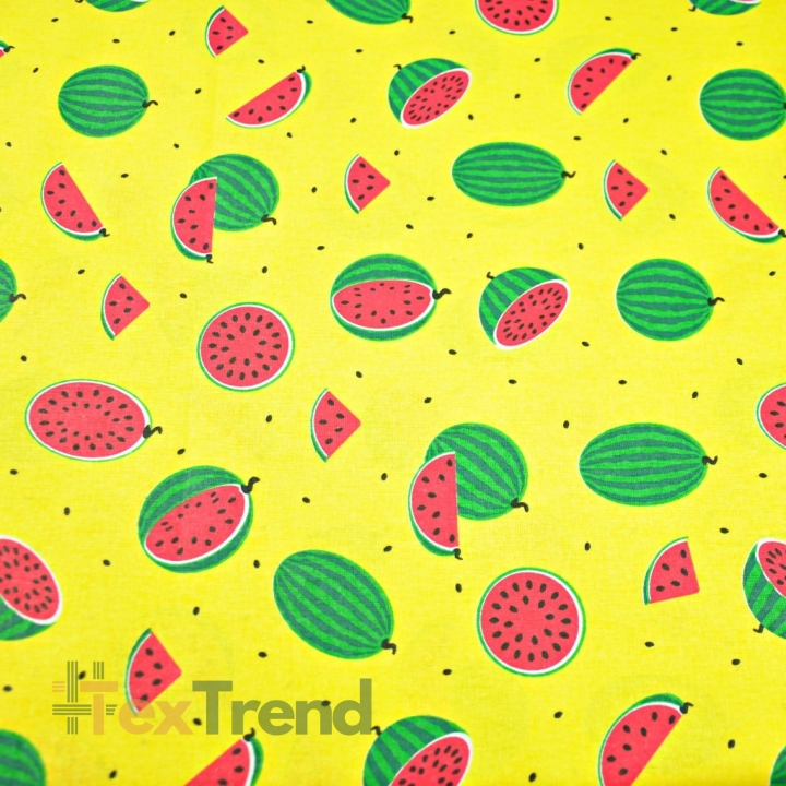 Baumwolle 100% kleine grüne Wassermelonen auf gelbem Hintergrund  