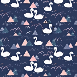 Baumwolle 100% Schwäne und Berge auf dunkelblauem Hintergrund  