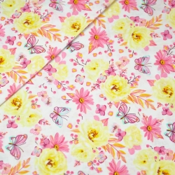 Baumwolle 100% Blumen mit Schmetterlingen gelb-rosa auf weißem Hintergrund.  